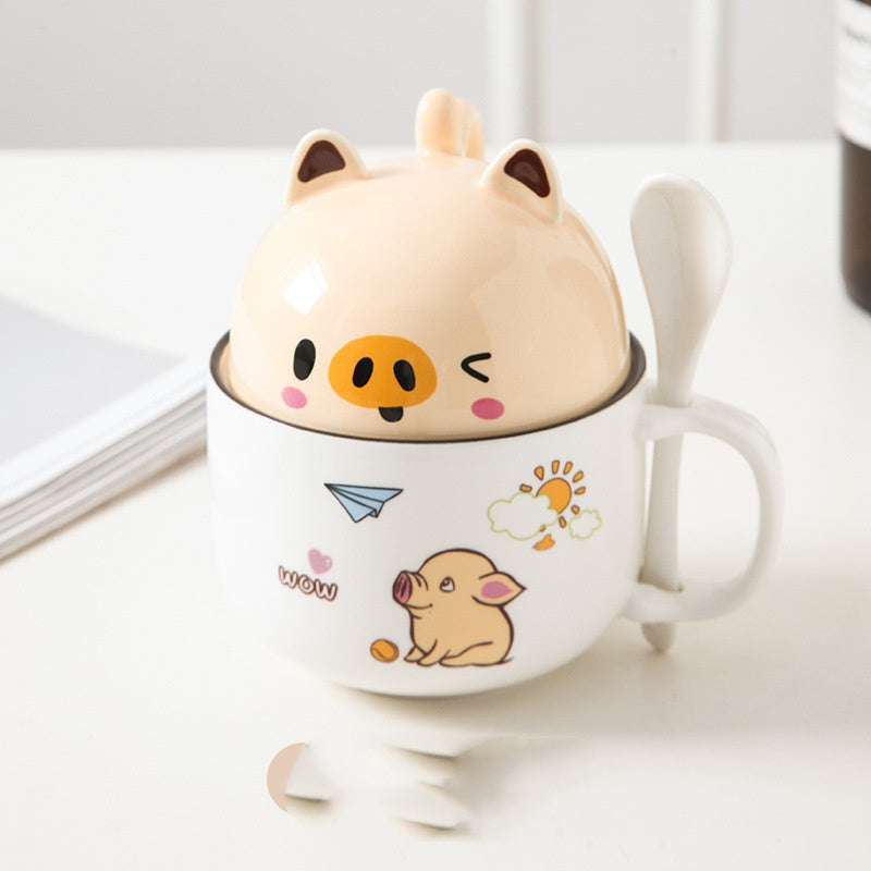 Cartoon Ceramic Mug with Lid & Spoon - Perfect for Office