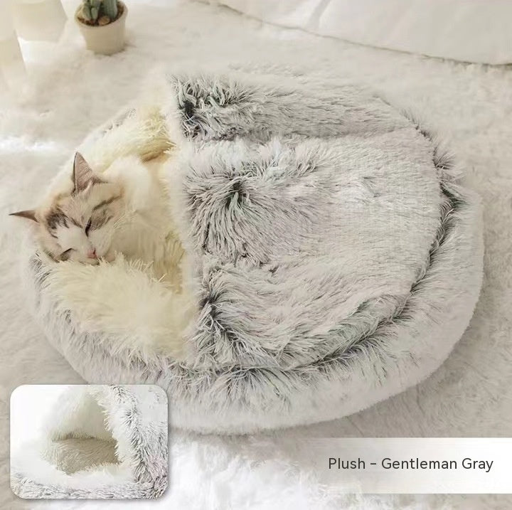 2-in-1 Round Plush Dog & Cat Bed | Warm Winter Pet House