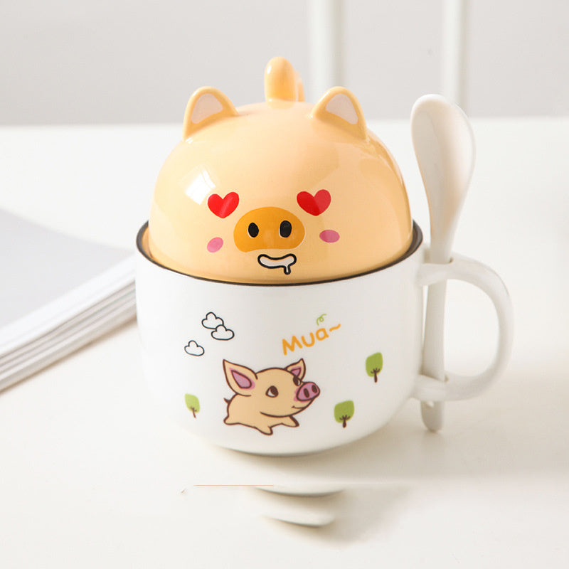 Cartoon Ceramic Mug with Lid & Spoon - Perfect for Office