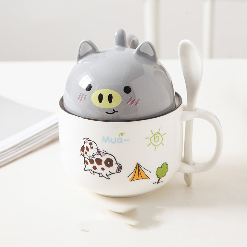 Cartoon Ceramic Mug with Lid & Spoon - Perfect for Office