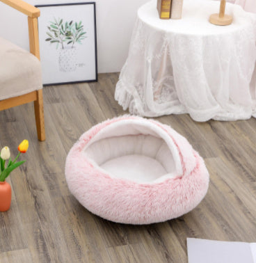 2-in-1 Round Plush Dog & Cat Bed | Warm Winter Pet House