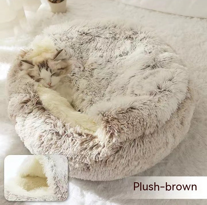 2-in-1 Round Plush Dog & Cat Bed | Warm Winter Pet House